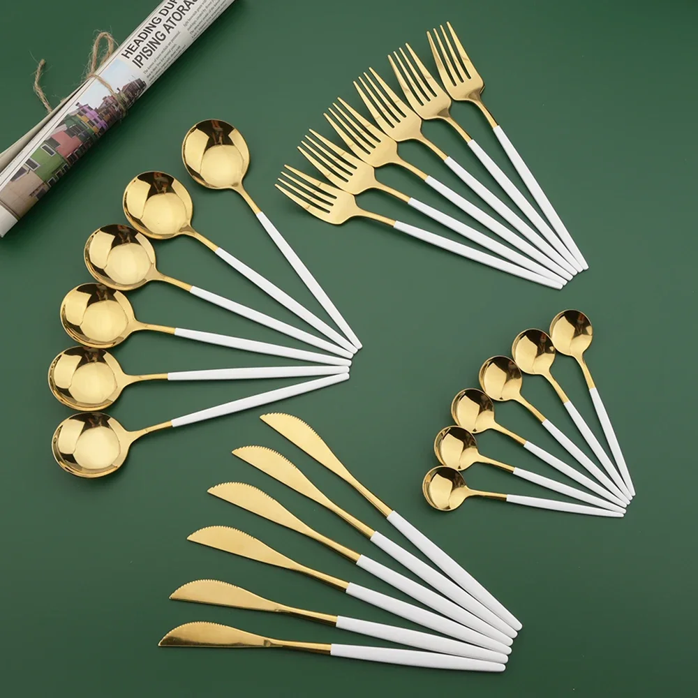 Gold Cutlery Flatware - Conjunto de Talheres Branco e Dourado